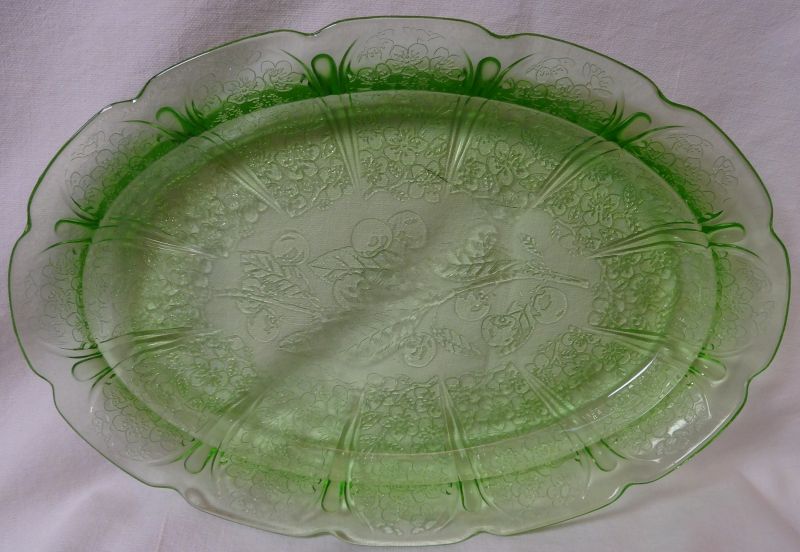 Cherry Blossom Green Platter 11&quot; Oval Jeannette Glass Company