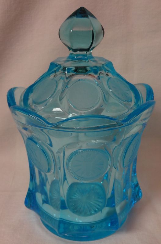 Coin Blue Candy Jar &amp; Lid 6 5/16&quot; Fostoria Glass Company