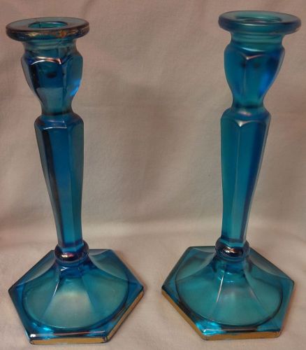 Colonial Candlestick Pair Blue Stretch 8.5" #449 Fenton Art Glass