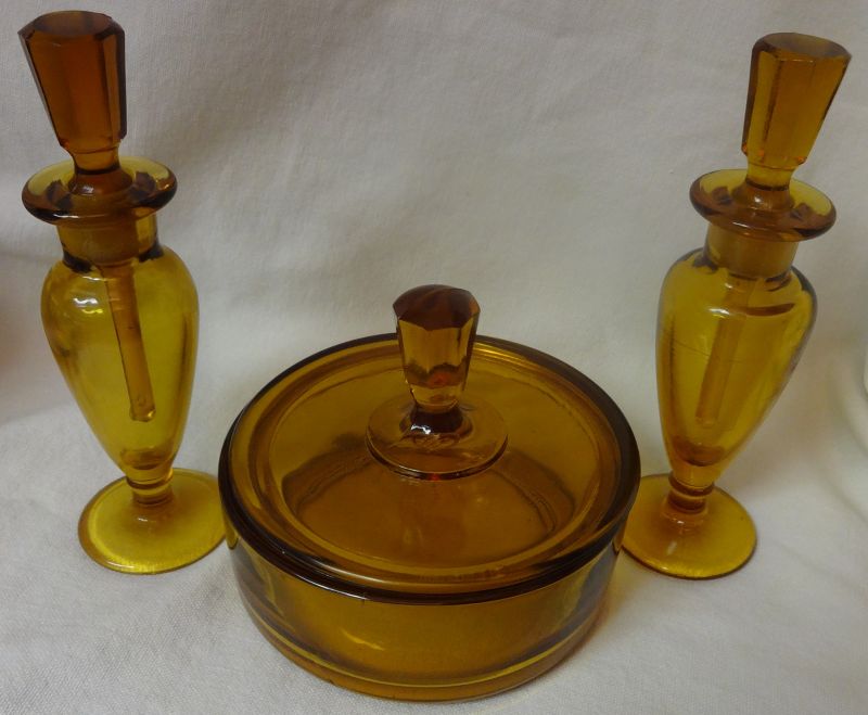 Amber Puff box 4.5&quot; &amp; 2 Perfumes 6&quot; Viking Art Glass Mirror Images