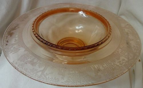Deerwood Pink Centerpiece Bowl 12" Flat Rim Footed Tiffin Glass