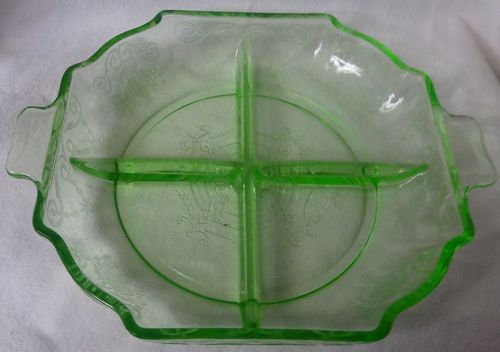 Lorain Green Relish 4 Part 8" Indiana Glass Company