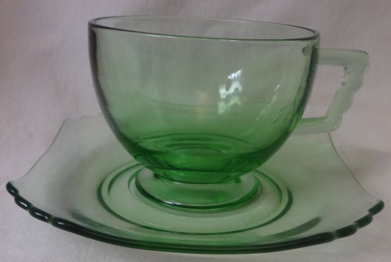 Mayfair Green Cup &amp; Saucer Fostoria Glass Company