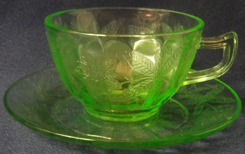 Floral Green Cup &amp; Saucer Jeannette Glass Company