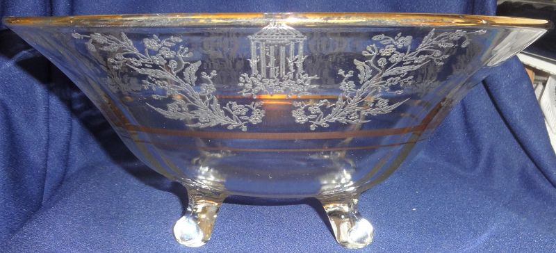 Gazebo Crystal Bowl 12&quot; 4 Footed Gold Trim Paden City Glass Company