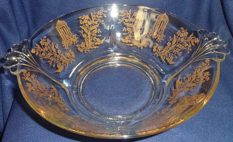 Gazebo Crystal Gold Encrusted Bowl 9&quot; Handled #211 Paden City Glass