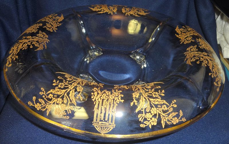 Gazebo Crystal Gold Encrusted Console Bowl 12&quot; 4 Footed Rolled Edge