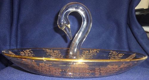 Gazebo Gold Encrusted Swan Handled Deep Bowl 10" Paden City Glass