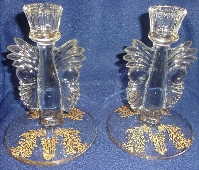 Gazebo Crystal Gold Encrusted Candlestick Pair 6.5&quot; Paden City Glass