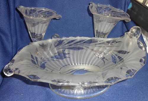 Silvertone Etch Crystal Bowl 11" & Pair Candlesticks 5.75" Fenton