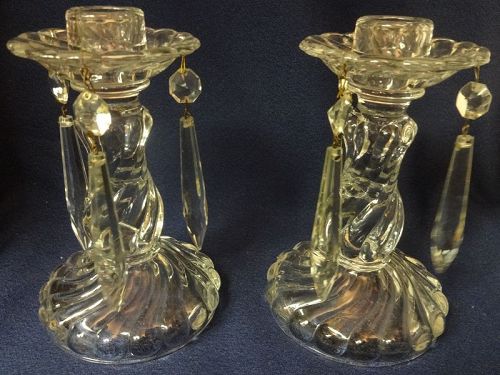 Colony Crystal Candlestick Pair 6" with Prisms Fostoria Glass Company