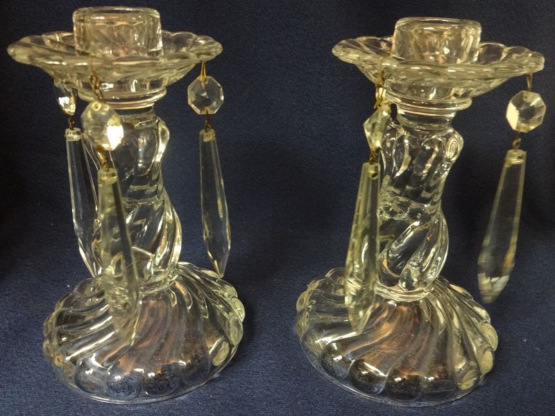 Colony Crystal Candlestick Pair 6&quot; with Prisms Fostoria Glass Company