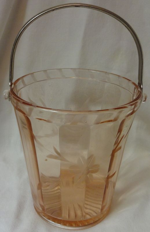 Ice Bucket Pink Etched 6 1/8&quot; Glass