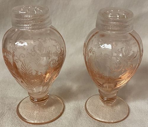 Versailles Rose Shaker pair with Glass Lids Fostoria Glass Company