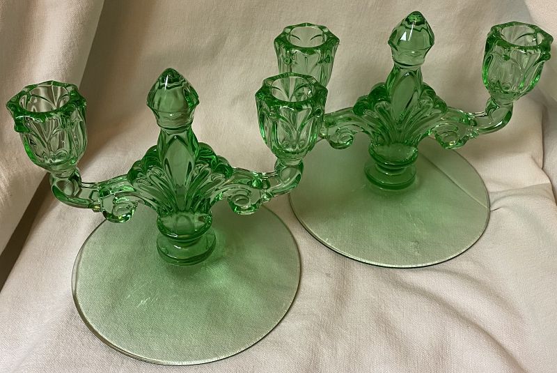 Trident Moongleam Candleholder Pair 2 Lite 6&quot; Heisey Glass Company