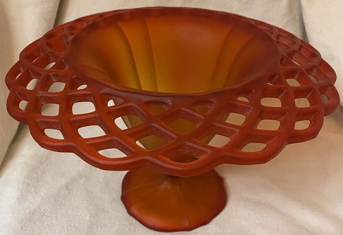 Open Work Compote Amberina Satin Glass 8.5" Tiffin Glass Company