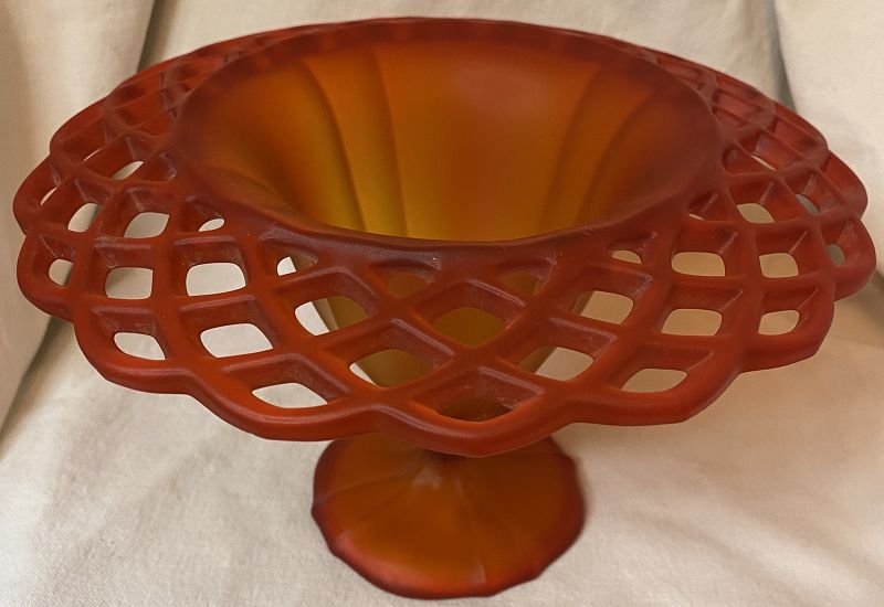 Open Work Compote Amberina Satin Glass 8.5&quot; Tiffin Glass Company