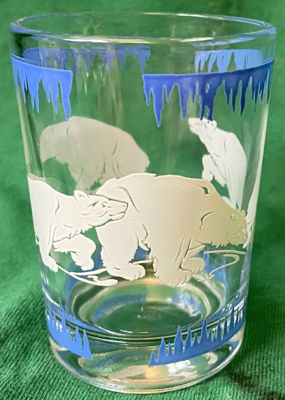 Polar Bear Blue &amp; White Whiskey Tumbler 3 1/8&quot; Hazel Atlas Glass
