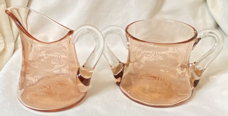 Flanders Pink Creamer and Sugar Flat Tiffin Glass Company