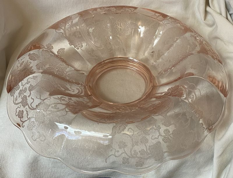 Peacock &amp; Wild Rose Pink Console Bowl 14&quot; Paden City Glass Company