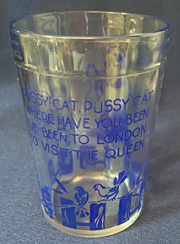 Nursery Rhymes Blue Tumbler 4&quot; Pussy Cat Hazel Atlas Glass Company