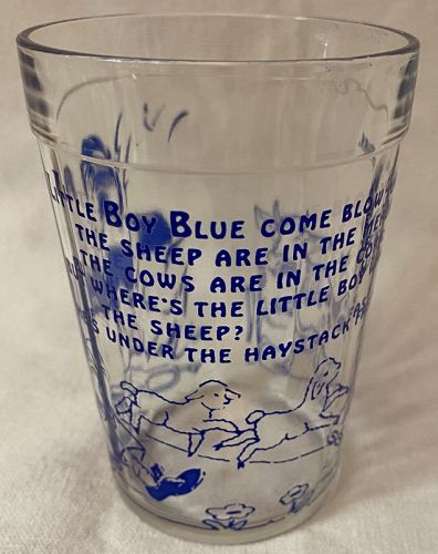 Nursery Rhymes Blue Tumbler 4" Little Boy Blue Hazel Atlas Glass