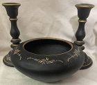 Black Satin Painted Flowers Nasturtium Bowl 7.5" & Pair Candlesticks