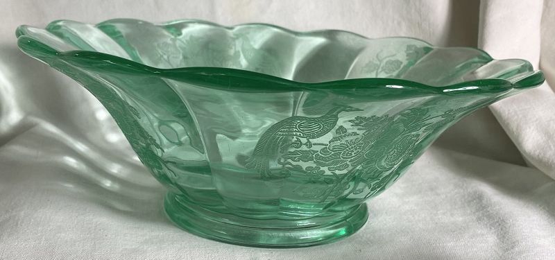 Peacock and Wild Rose Green Uranium Fruit Bowl 10.25" Paden City