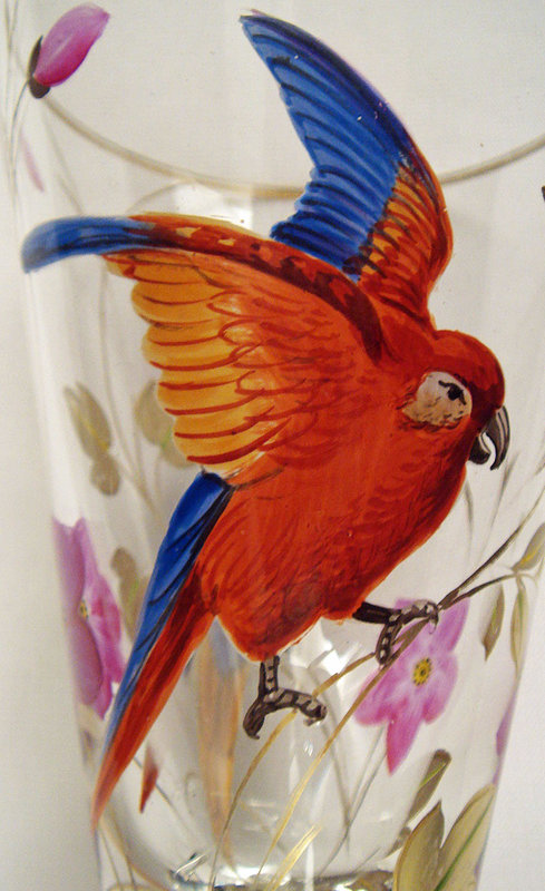 Antique Bohemian Enameled Goblet with Parrots