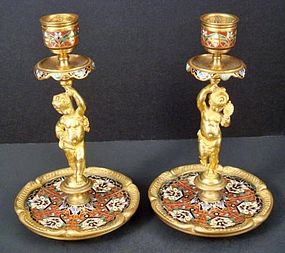 Victorian Figural Champlevé Gilt Candlesticks