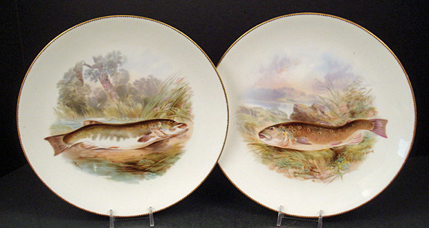 6 Antique Bodley Fish Plates, Artist Signed, J. Birbeck
