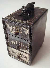 Victorian Silver Plated Sewing Box with Kitten