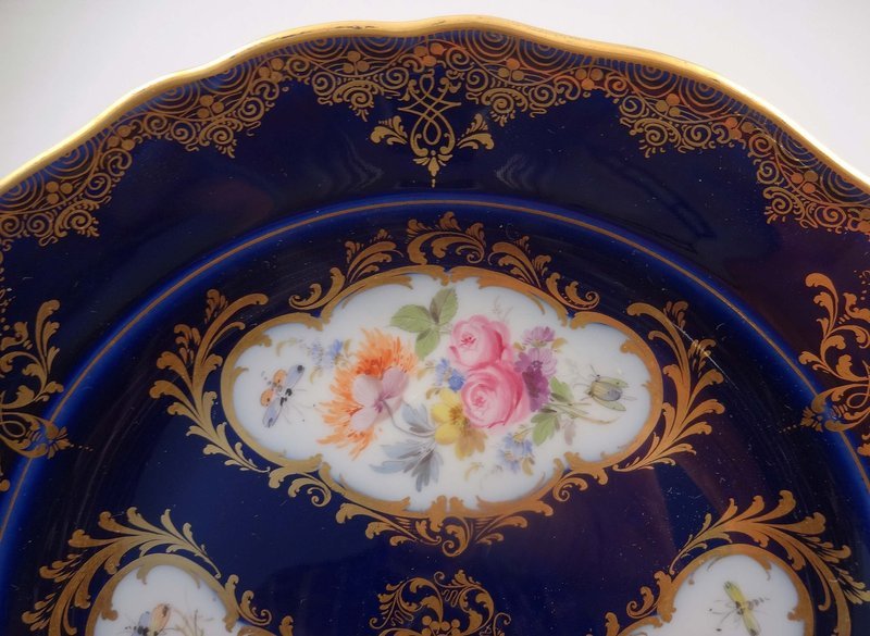 Gorgeous Antique Meissen Cobalt &amp; Floral Plate