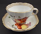 Antique Meissen Fruit Painted Tea Cup & Saucer, C. 1750