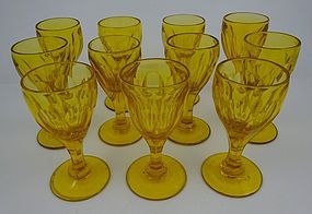 11 Antique Flint Cut Cordial Glasses, Amber Panels