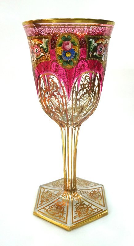 Antique 36 Piece Moser Enameled Cranberry Glass Service