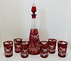 Antique Bohemian Ruby Etched Decanter & Glasses