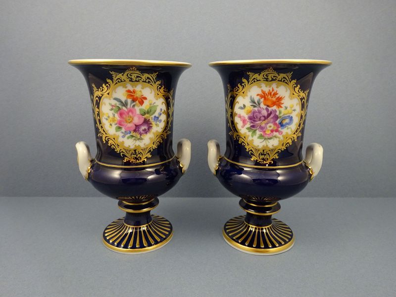 Pair of Vintage Meissen Cobalt &amp; Floral Vases