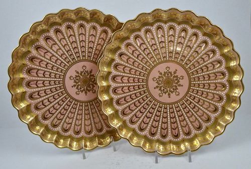 Pair of Antique Copelands Jeweled Cabinet Plates