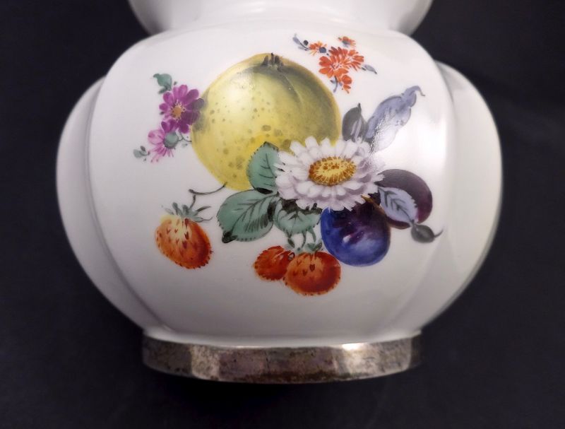 Vintage Meissen Fruit Painted Vase with Sterling Trim