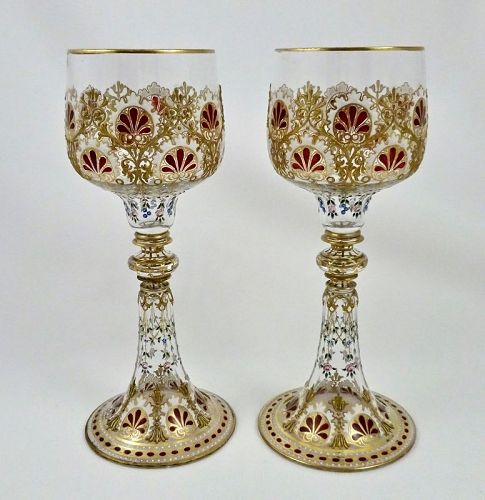 Pair of Moser Enamel Wine Glasses