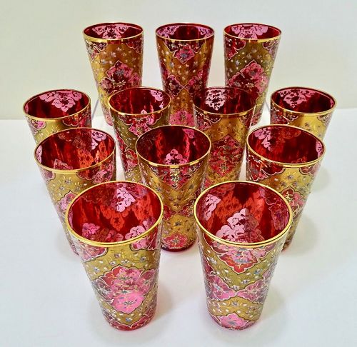 12 Antique Moser Champagne Tumblers, Cranberrry, Enameled