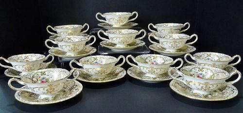 12 Antique Cauldon Soup Cups & Saucers, Hand