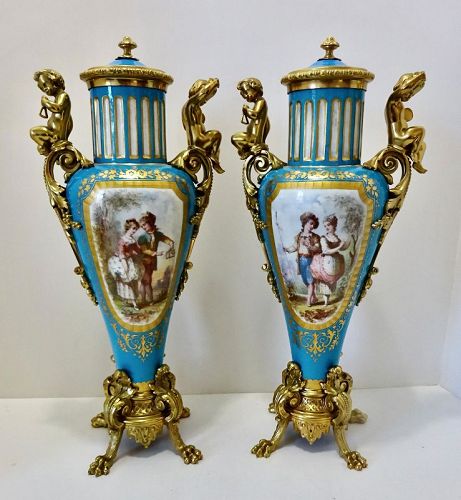 Pair of Sevres Style Vases with Bronze
