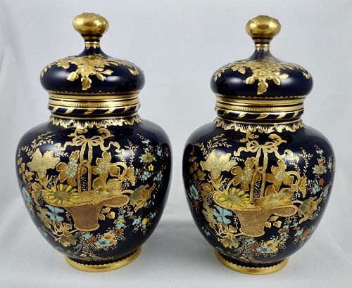 Antique Pair Crown Derby Enameled Vases with Lids