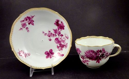Vintage  Meissen Tea Cup & Saucer, Puce Florals & Gold, A or B