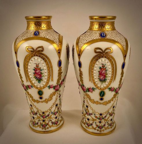Antique Pair of Austrian Vases, Jeweled