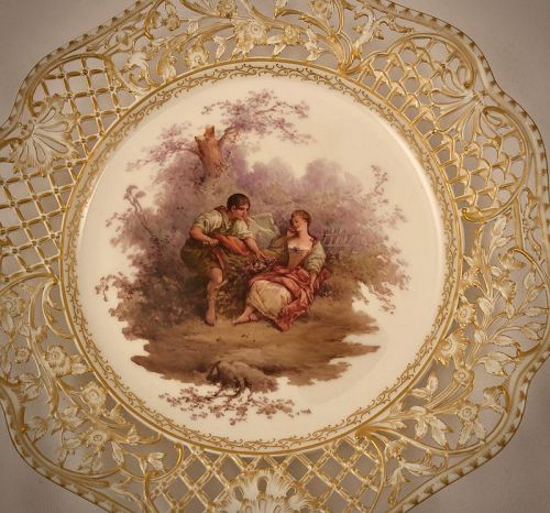 Antique KPM Berlin Cabinet Plate, Watteau Scene  A