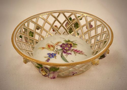 Antique Meissen Miniature Basket, Encrusted Flowers