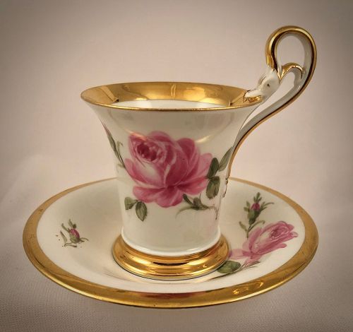 Antique Meissen Pink Rose Chocolate Cup & Saucer